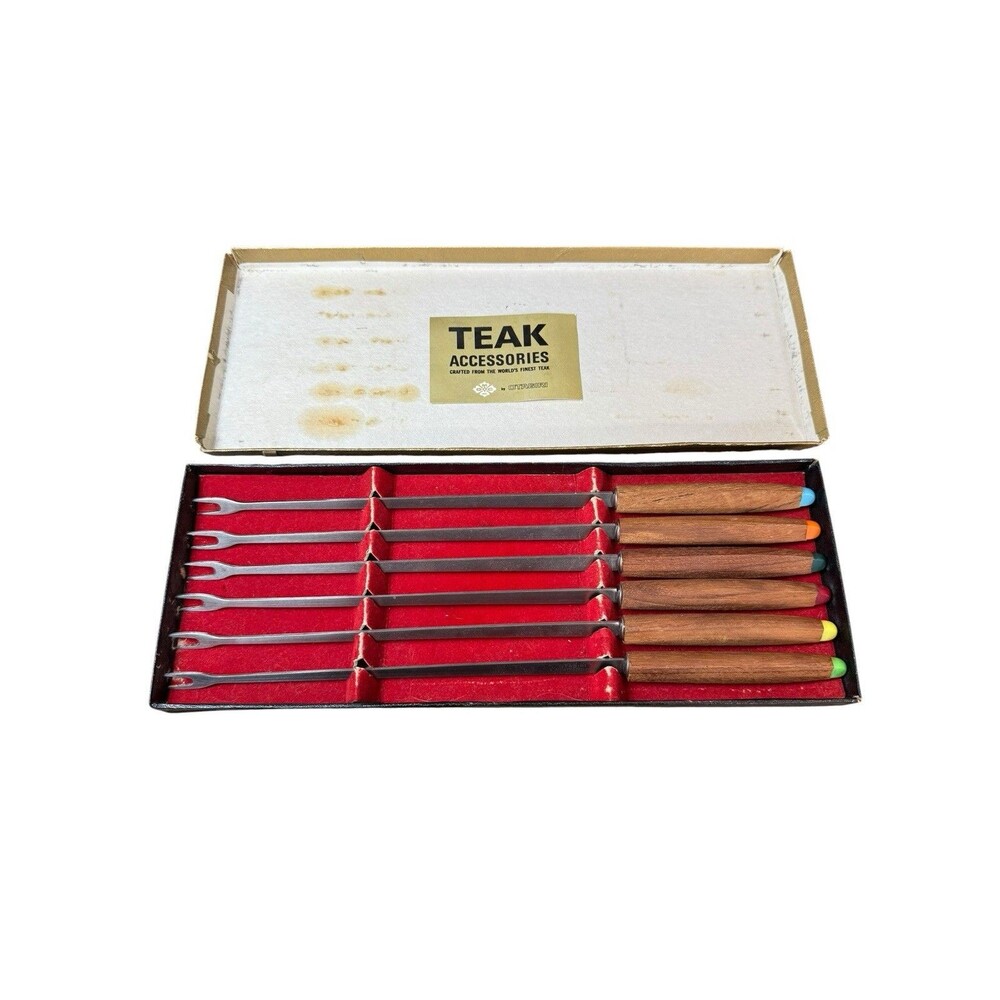 Vintage MCM Stainless Steel Fondue Forks Set of 6 Teak Wood Handles In Box